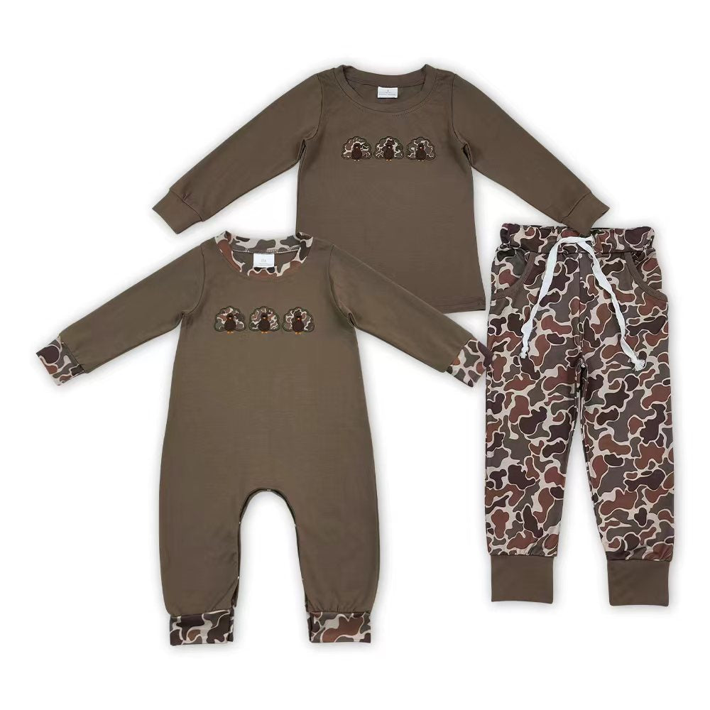 Sibling Baby Boys Embroidery  Turkey Camo Pants Outfit and Romper