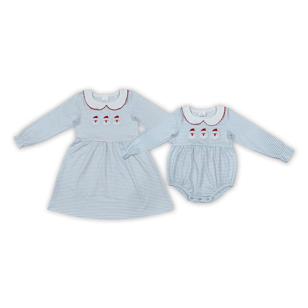Sibling Baby Girls Christmas Embroidery Santa Striped Long Sleeve Dress and Romper