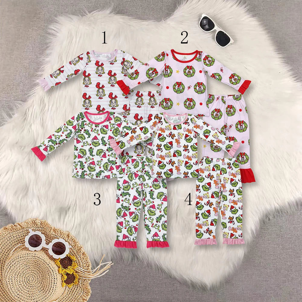 Sibling Baby Girls Long Ruffle Sleeve Green Face Top Pants Bamboo Pajamas Clothes Sets