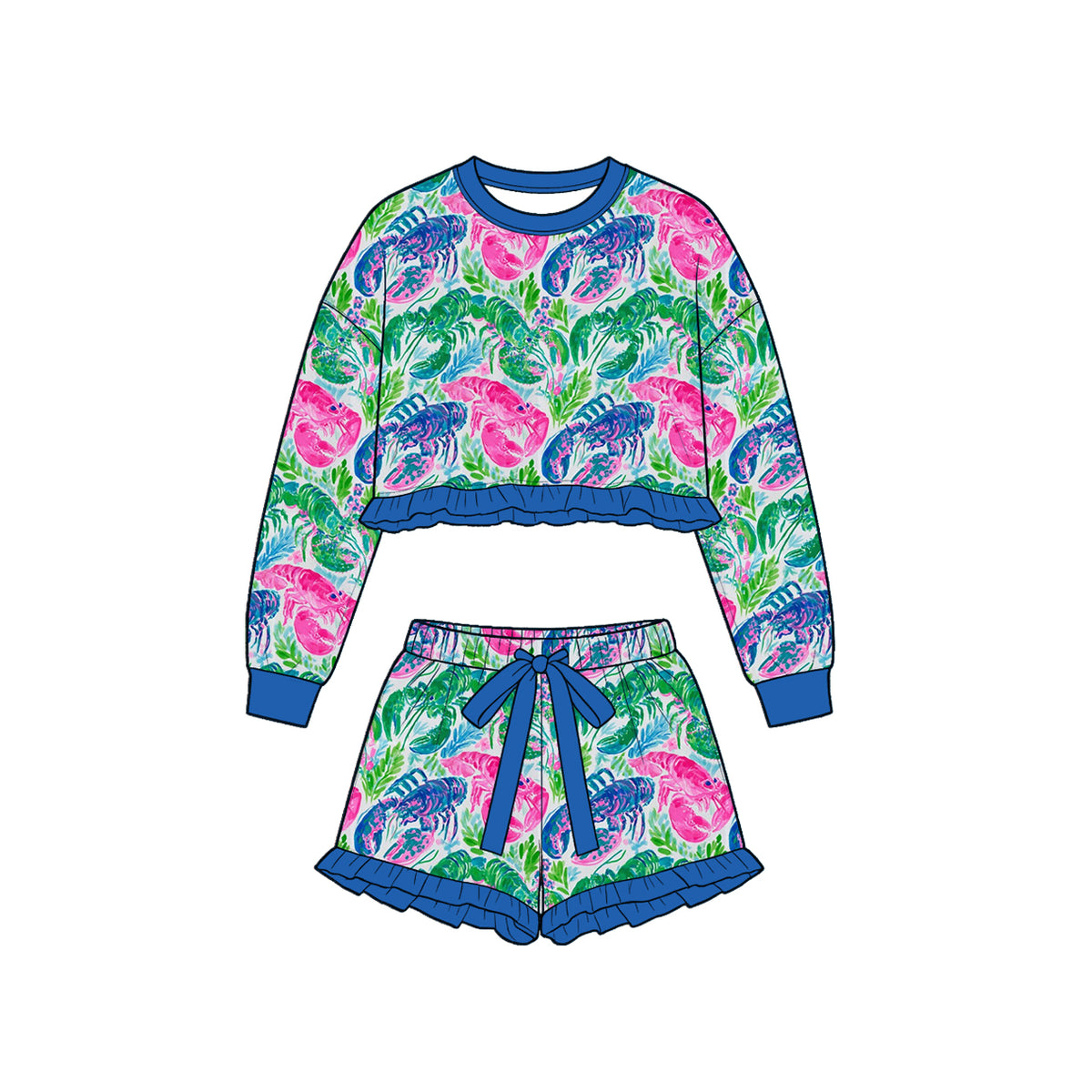 (Custom Design Preorder MOQ 5 Each)Seaweed Flowers Crayfish Print Long Sleeve Top Shorts Girls Clothes Set Sisters Wear