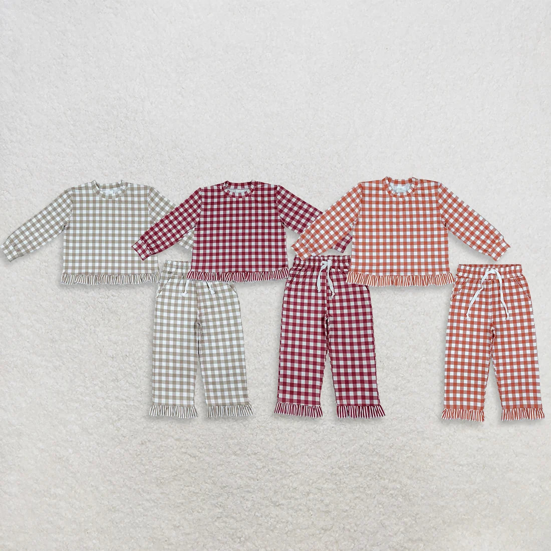 Sibling Kids Girls Gingham Long Sleeve Top with Pants Outfit with Ruffle