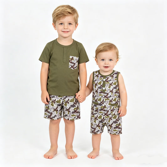 Baby Boys Sibling Camo Duck Shorts set +Romper