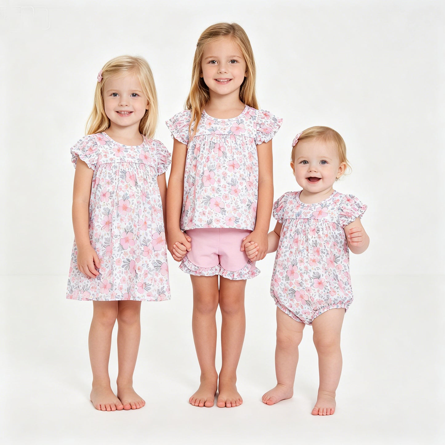 Sibling Baby Girls Pink Flowers Leaves Rompers Dresses Outfits