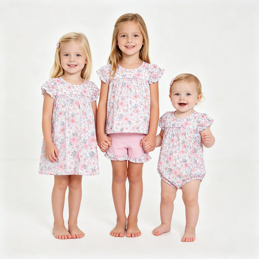 Sibling Baby Girls Pink Flowers Leaves Rompers Dresses Outfits