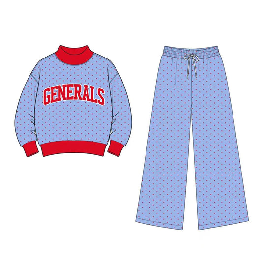 (Custom  Preorder MOQ 5) Teams Generals  Polka Dot  Mock Necks Top Pockets Pants Girls Clothes Set（副本）