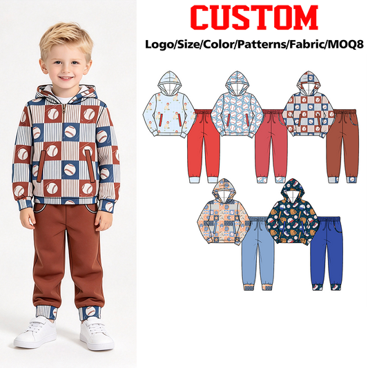 (Custom Design Preorder MOQ 5 Each)Baseball Print Hoodie Top Pockets Pants Boys Fall Clothes Set Brothers Wear