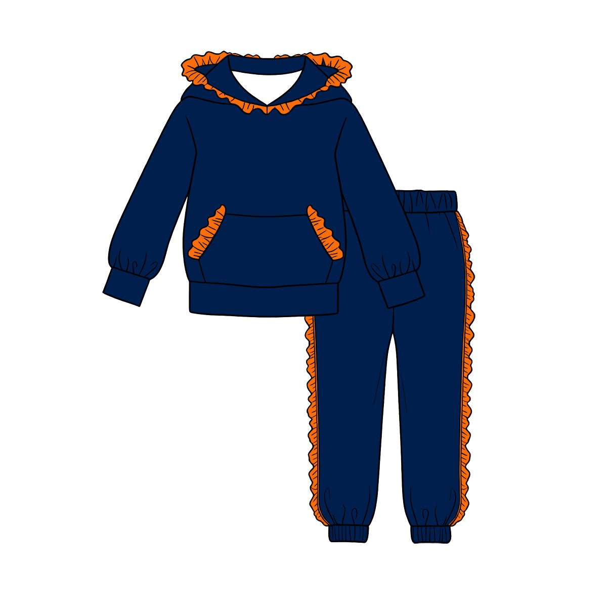 (Custom Design Preorder MOQ 5 Each)Teams Blank Cotton Long Sleeve Hoodie Top Pants Girls Ruffles Clothes Set Sisters Wear
