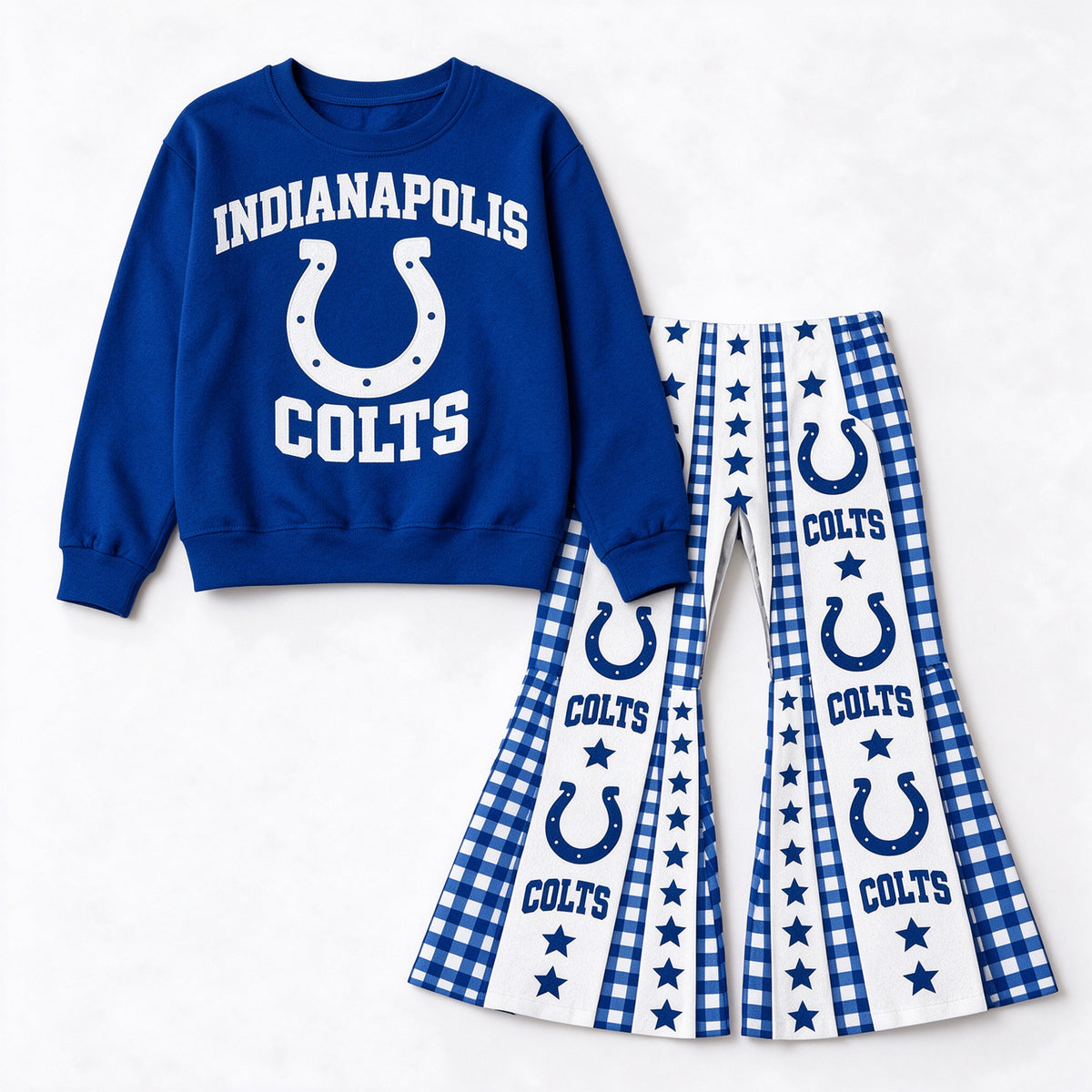 (Custom Design Preorder MOQ 5 Each) Baby Girls Sport Team  Colts Royal Blue Top Bell Bottom Pants Outfit