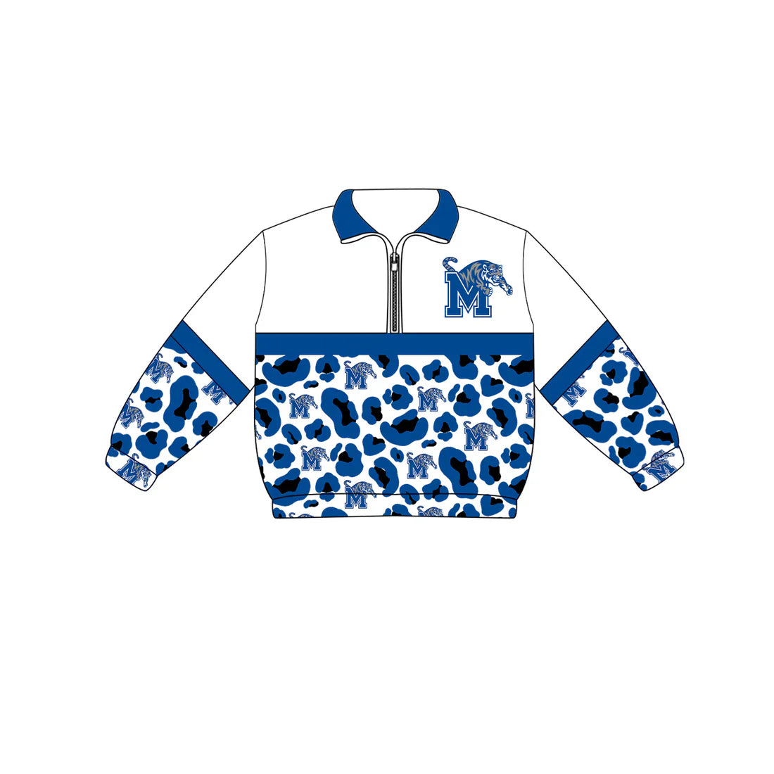 (Custom  Preorder MOQ 5) Baby Boys Long Sleeve Blue Leopard M Tigers Team Zip Pullovers Tops