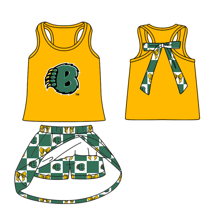 (Custom Design Preorder MOQ 5 Each Item) Teams Baylor Bears Bows Green Plaid Print Kids Clothes Sibling & Family Matching Styles