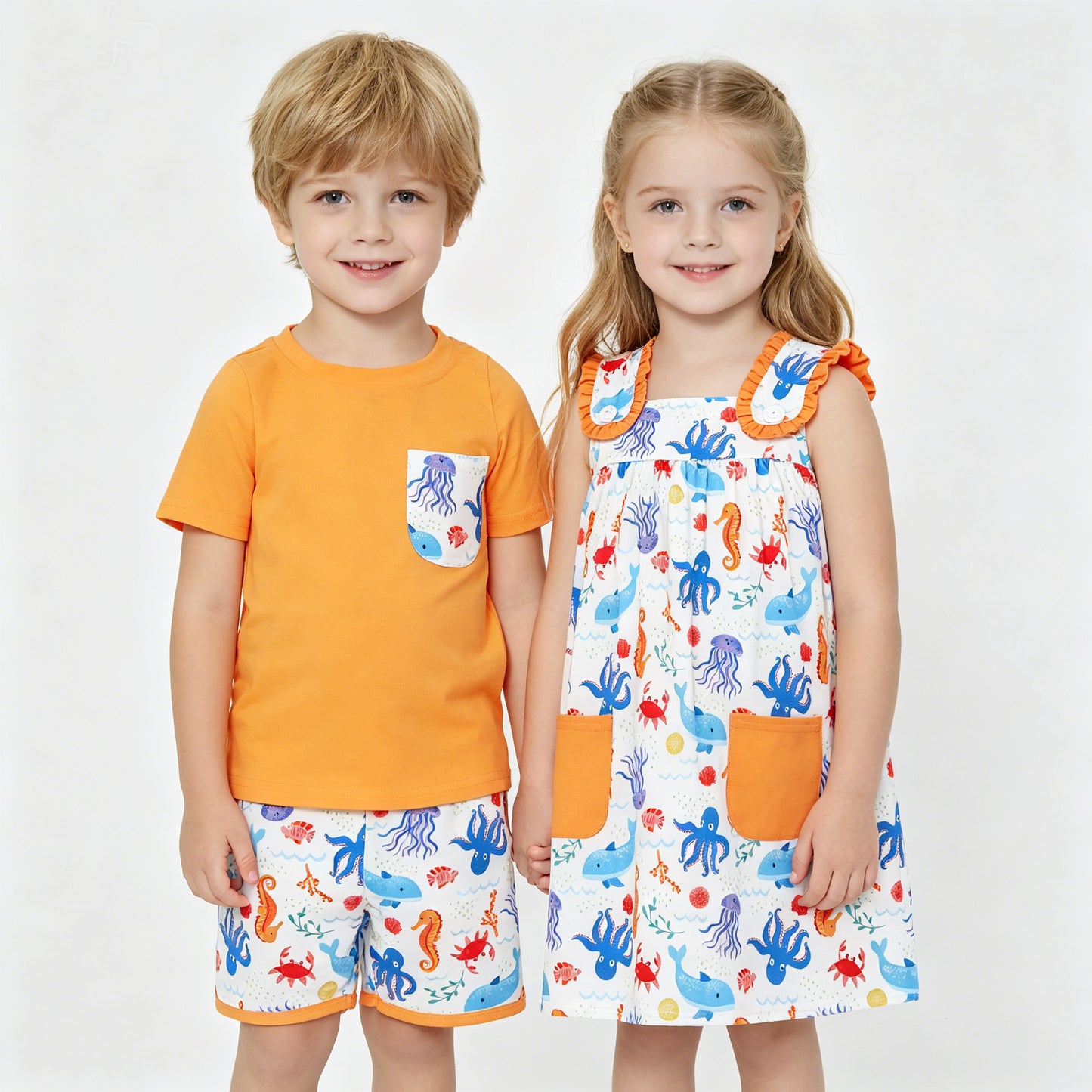 Sibling Baby Kids Orange Pocket Top Sea Animals Shorts Clothes Sets Knee Length Dresses