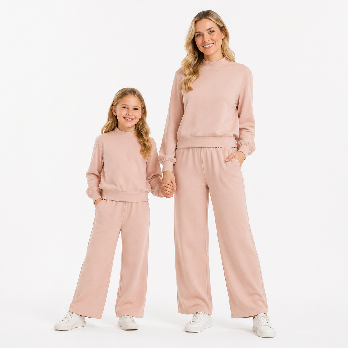 Mommy and Me  Peach Pink Solid Color Cotton Long Sleeve Top Pants Outfit