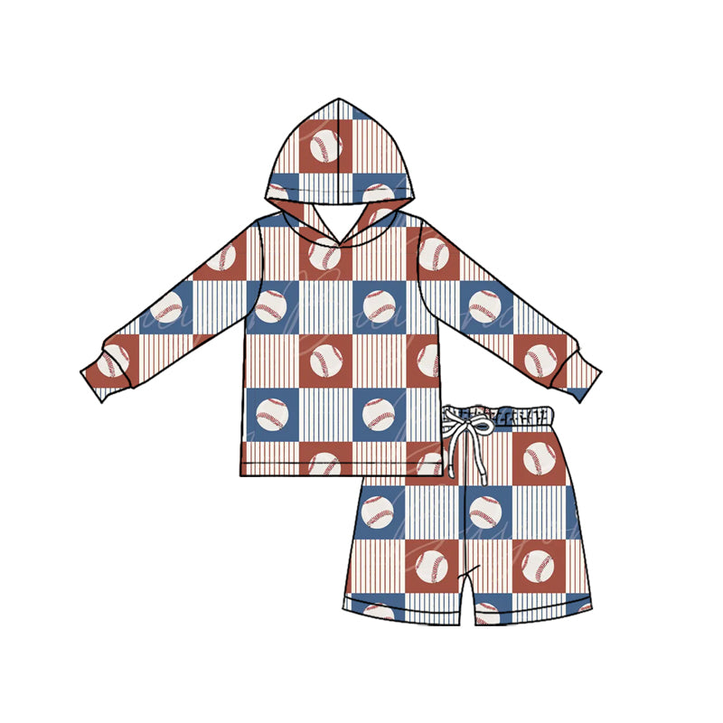 (Custom Design Preorder MOQ 5 Each)Baseball Print Hoodie Top Pockets Shorts Boys Clothes Set Brothers Wear