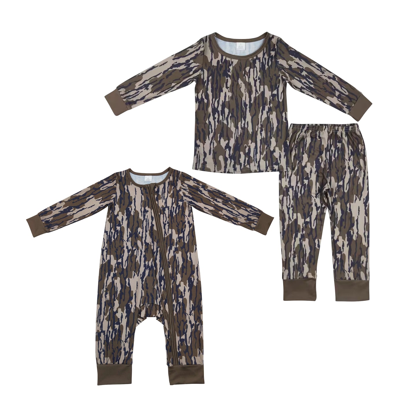 Sibling Baby Boys olive green Camo Long Sleeve Pajama Set / Zipper Romper