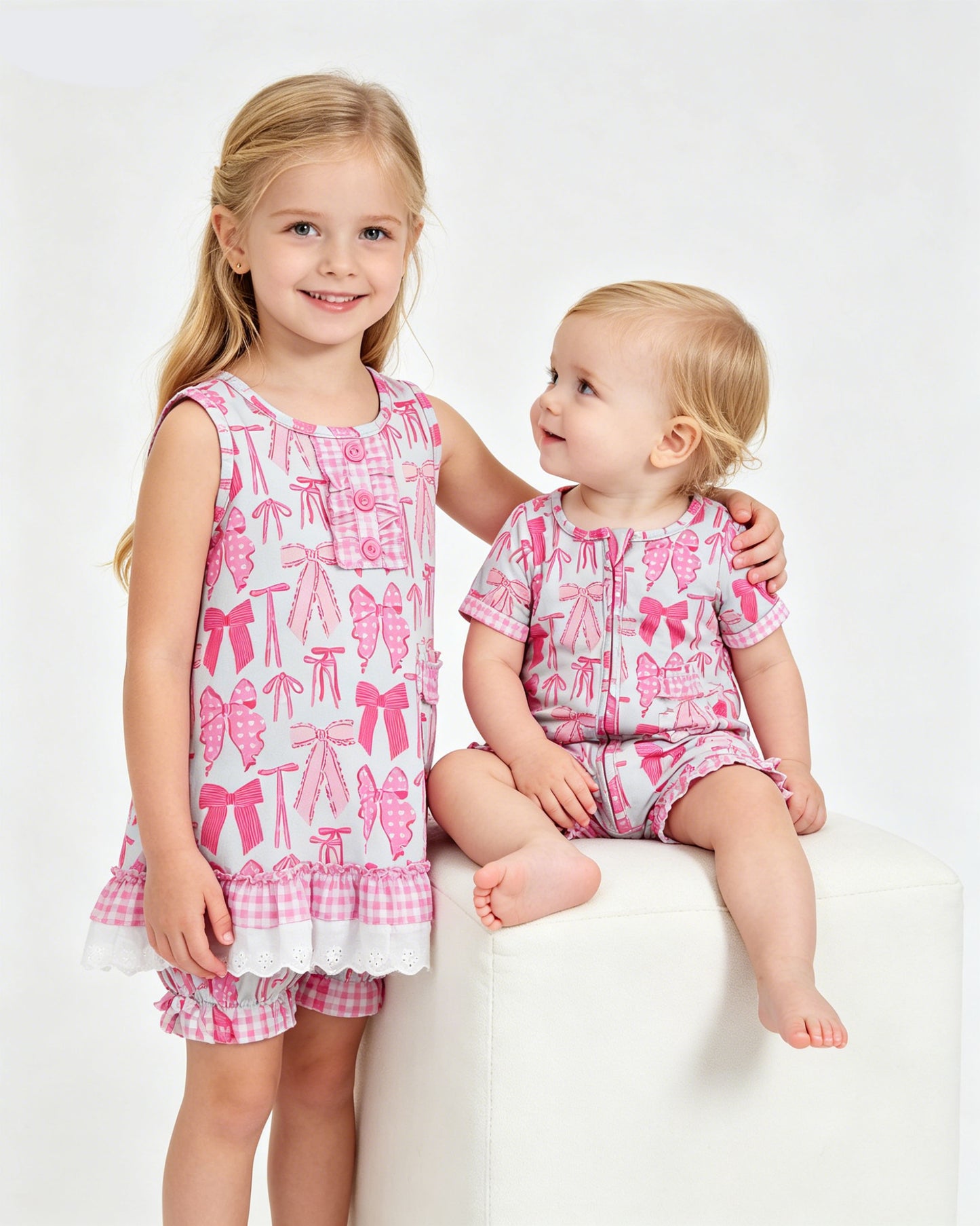 Toddler Girl Sibling Pink Bow Print  Outfit +Short Sleeve Zipper Romper