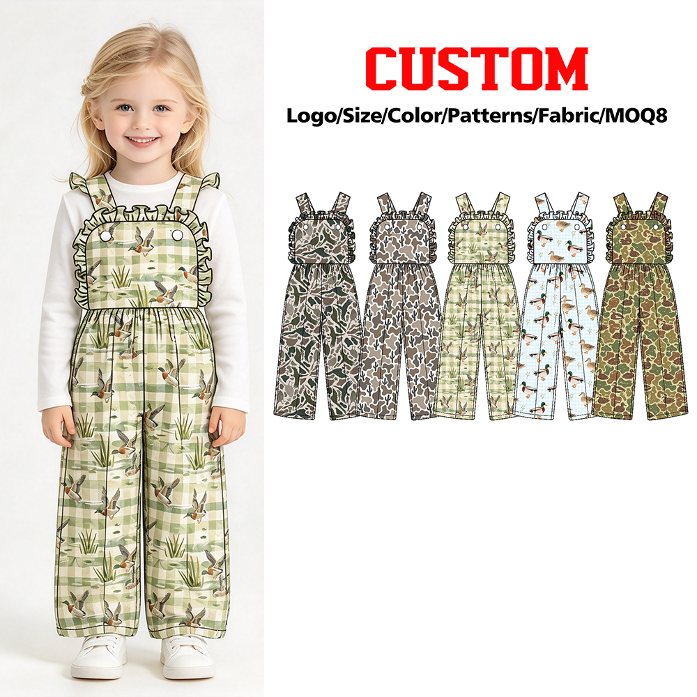 (Custom Design Preorder MOQ 5) Duck Camo Checkered Print Baby Girls Strap Jumpsuits Sisters Overall Styles Southern Sisters Wear