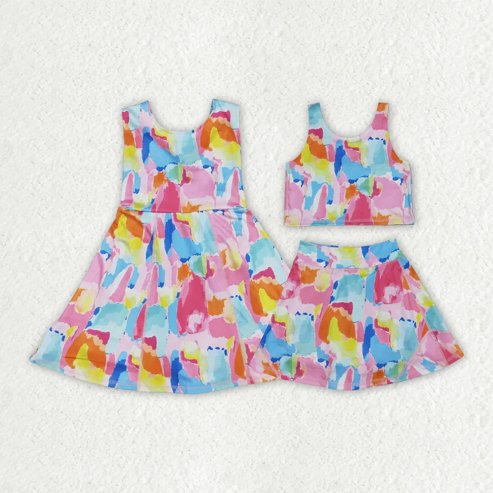 Toddler Girls Sibling Watercolor Tie Dye Sleeveless Crop Top & Skort Set Summer Activewear