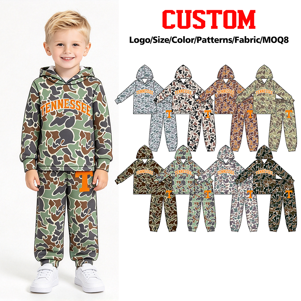 (Custom Design Preorder MOQ 5 Each) Teams Tennessee Camo Print Hoodie Top Joggers Pants Kids Pockets Clothes Set Sibling Wear