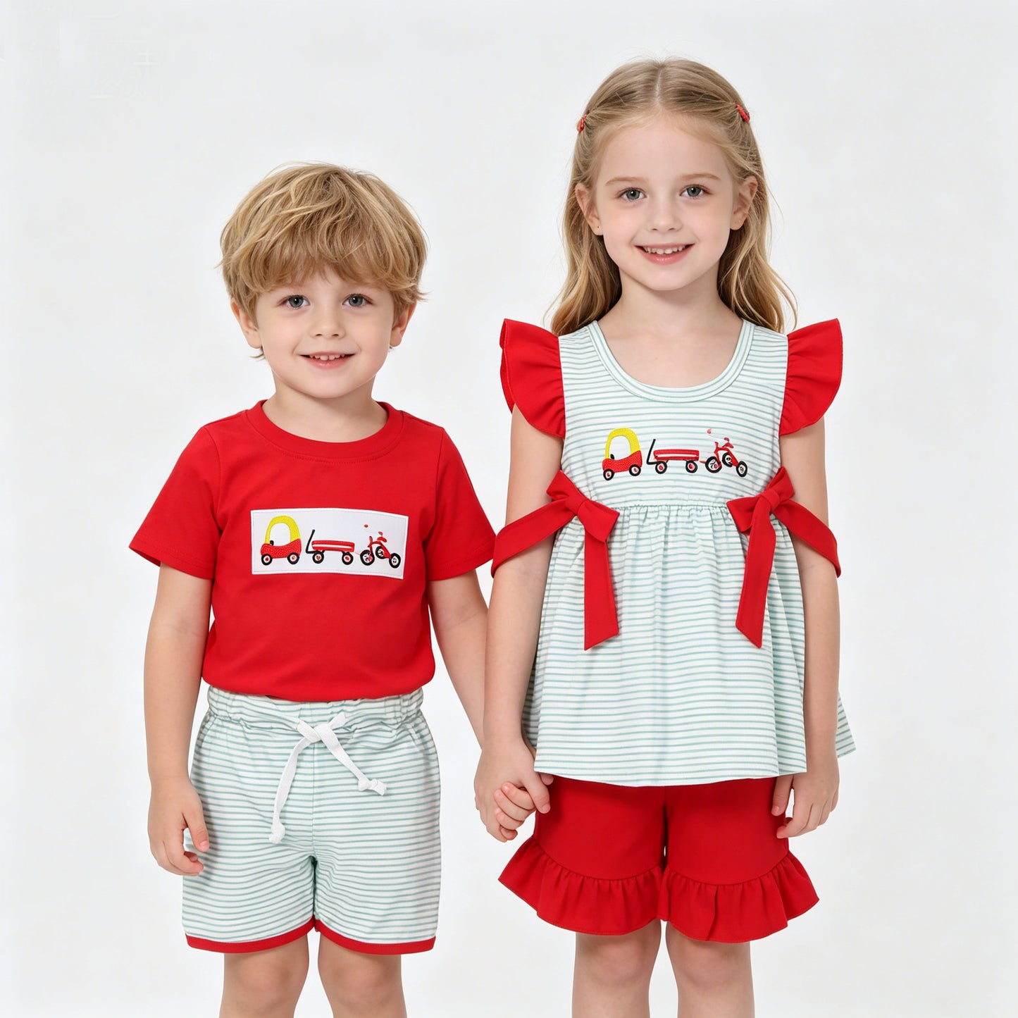 Sibling Embroidery Baby Girls Boys Trucks Summer Outfits Clothes Sets