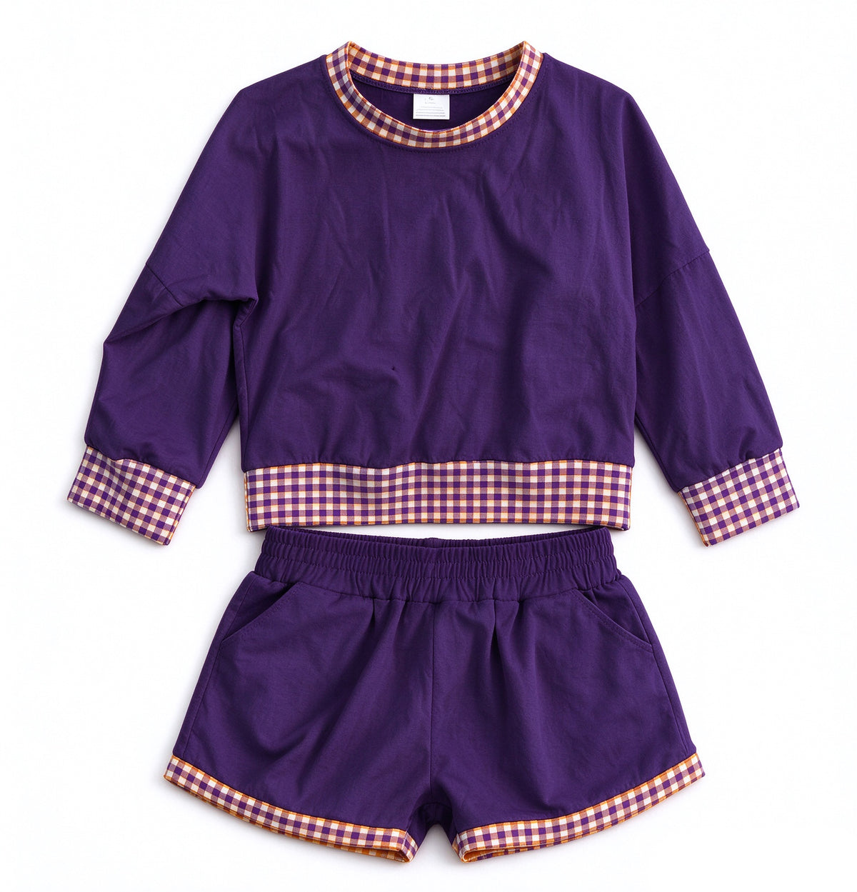 Preorder 5 MOQ each Kids Girls Long Sleeve Gingham Trim Top Shorts Outfit
