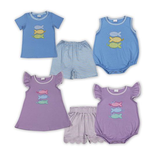 Kids Gingham Fish Embroidery Set - Summer Striped Outfit Sibling