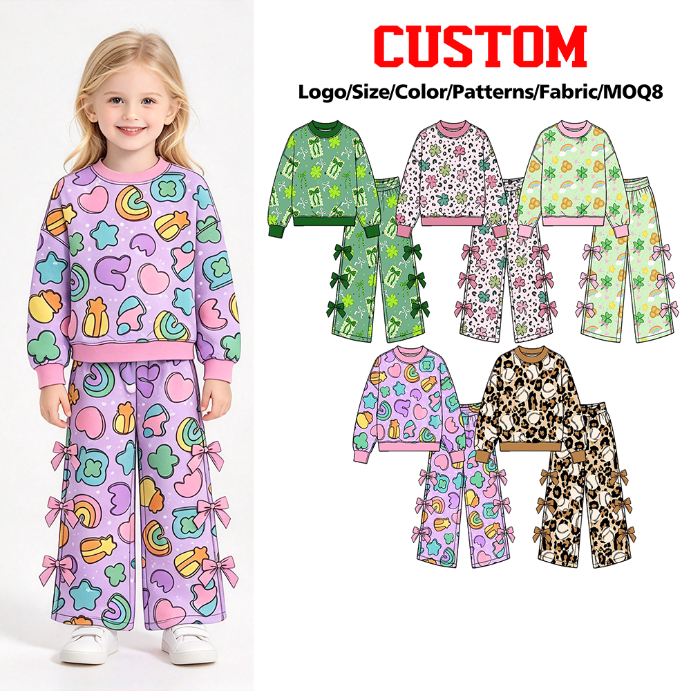 (Custom Design Preorder MOQ 5 Each) Rainbow Bows Print Long Sleeve Top Wide Leg Pants with Side Bows Girls St Patrick Day Clothes Set Sisters Wear