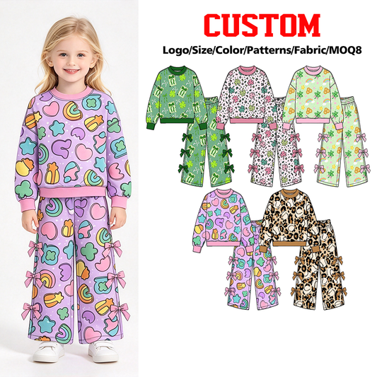 (Custom Design Preorder MOQ 5 Each) Rainbow Bows Print Long Sleeve Top Wide Leg Pants with Side Bows Girls St Patrick Day Clothes Set Sisters Wear