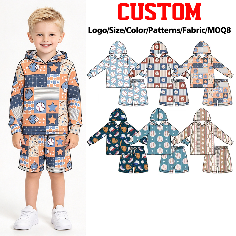 (Custom Design Preorder MOQ 5 Each)Baseball Print Hoodie Top Pockets Shorts Boys Clothes Set Brothers Wear