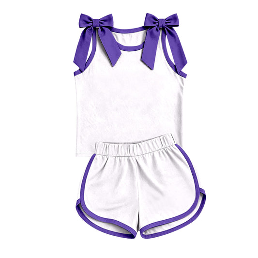 (Custom Design Preorder MOQ 5) Teams Purple Bows White Vest Top Shorts Mommy and Me Summer Cotton Clothes Set