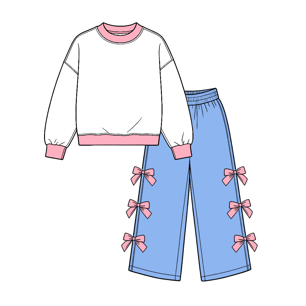 (Custom Design Preorder MOQ 5 Each) Cartoon Princess Blank Cotton Girls Bows Clothes Set Sisters Wear