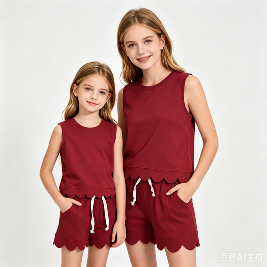 Mommy and Me Red Solid Color Scallop Set - Sleeveless Top & Shorts Outfit