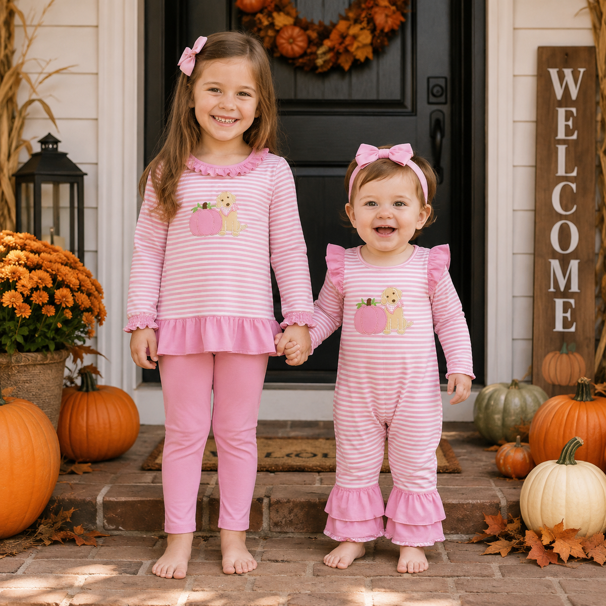 Sibling Baby Girls Embroidery Pink Pumpkin Dog Outfit + Romper