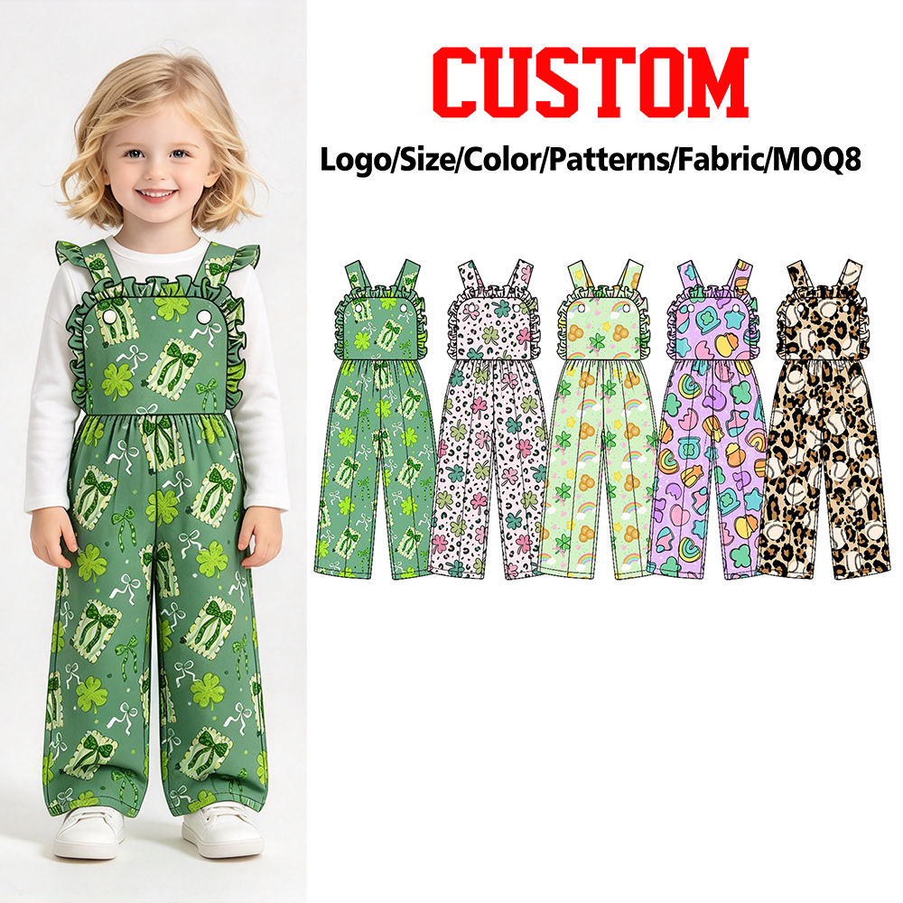 (Custom Design Preorder MOQ 5) Rainbow Bows Print Baby Girls Strap Jumpsuits St Patrick Day Overall Styles Sisters Wear