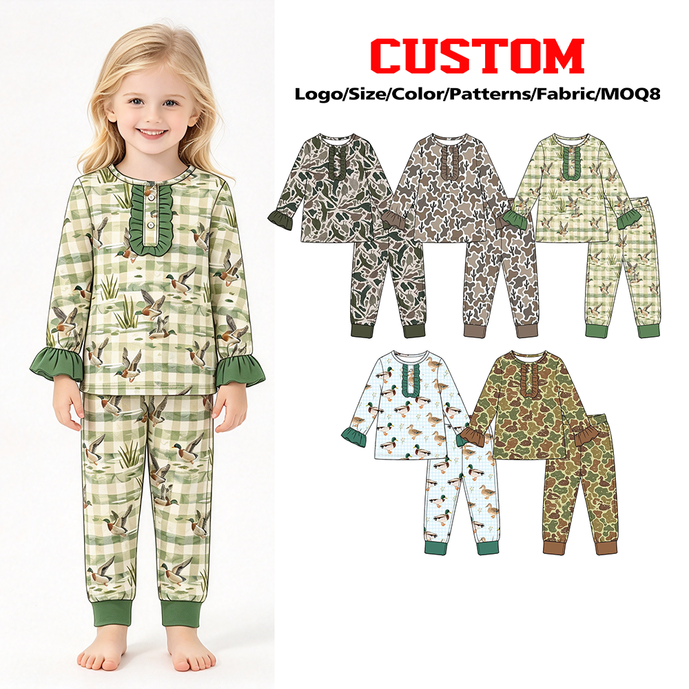 (Custom Design Preorder MOQ 5 Each) Checkered Camo Duck Print Girls Southern Pajamas Clothes Set Sisters Wear