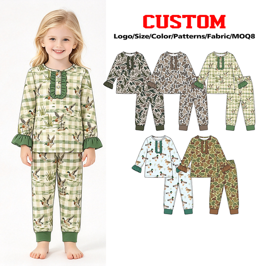 (Custom Design Preorder MOQ 5 Each) Checkered Camo Duck Print Girls Southern Pajamas Clothes Set Sisters Wear