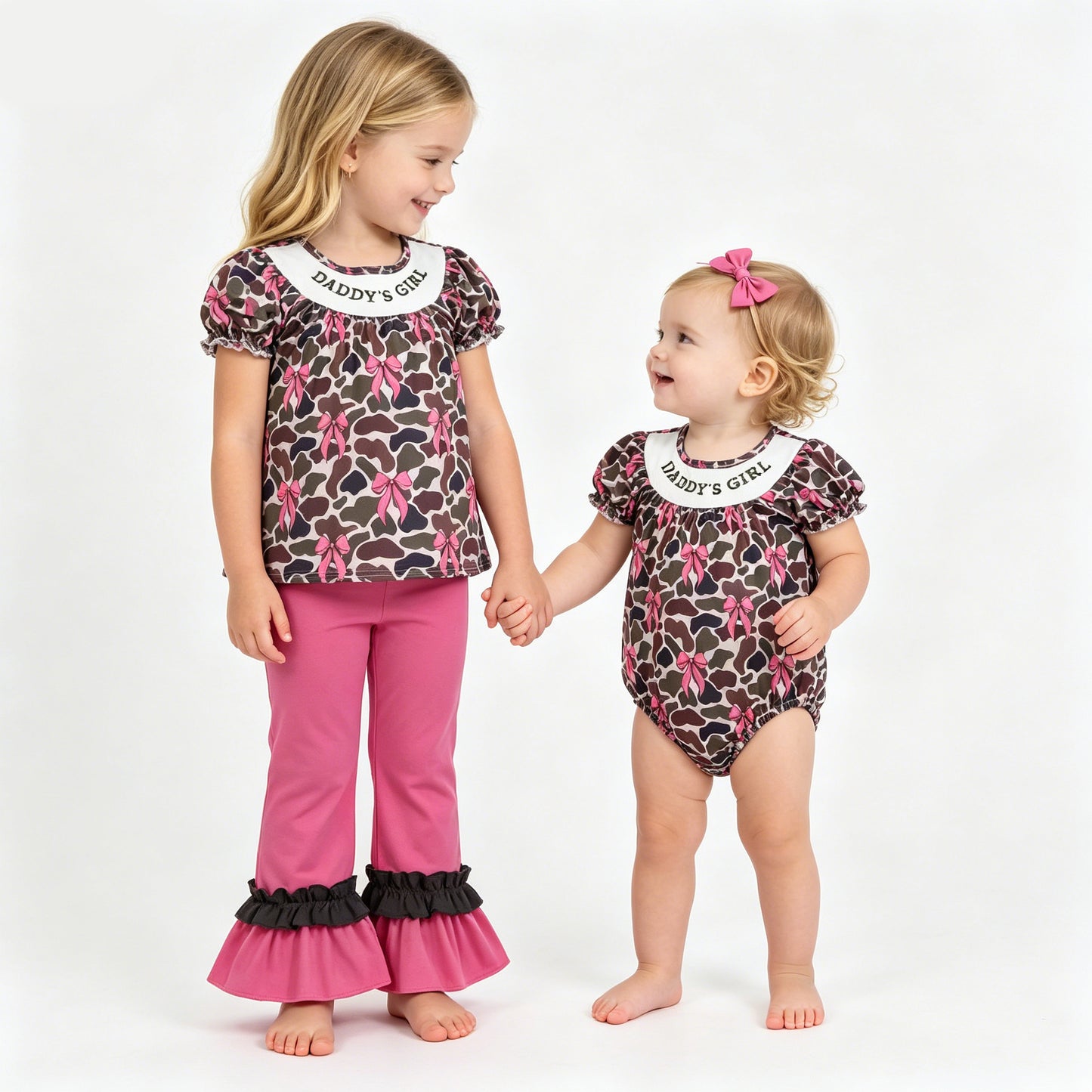 Sibling Baby Girls Smocked Daddy's Girl Camo Bows Tunic Ruffle Pants Clothes Set Romper