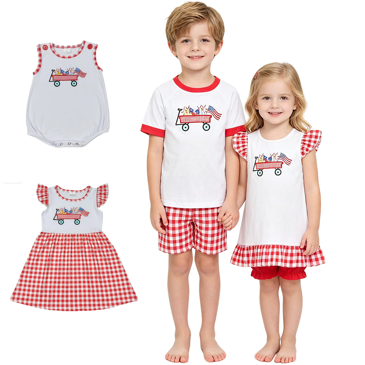USA Patriotic Sibling Clothing 4th of July Truck Firework Embroidery Outfit