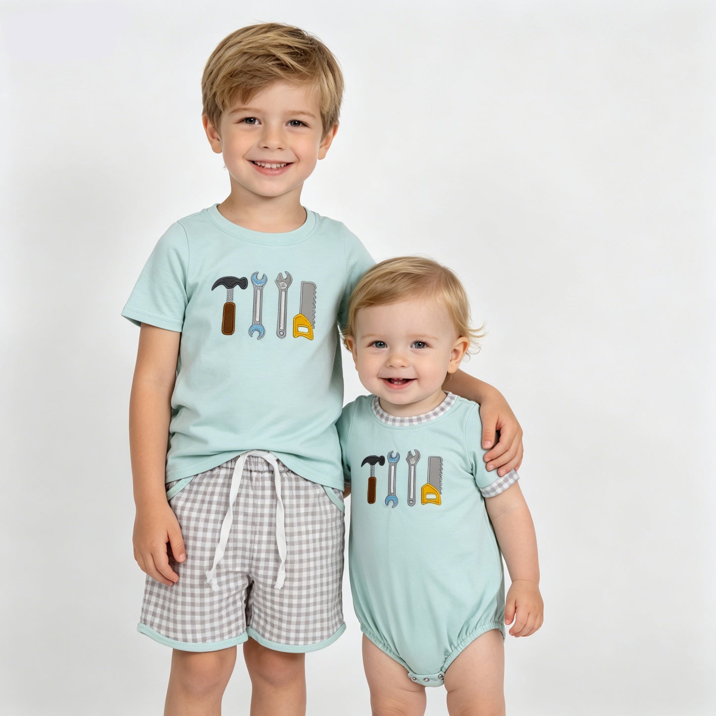 Tool Embroidered Sibling Matching Outfits - Toddler Boy Tee & Shorts + Baby Romper Set