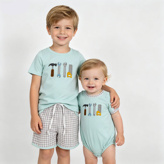 Tool Embroidered Sibling Matching Outfits - Toddler Boy Tee & Shorts + Baby Romper Set