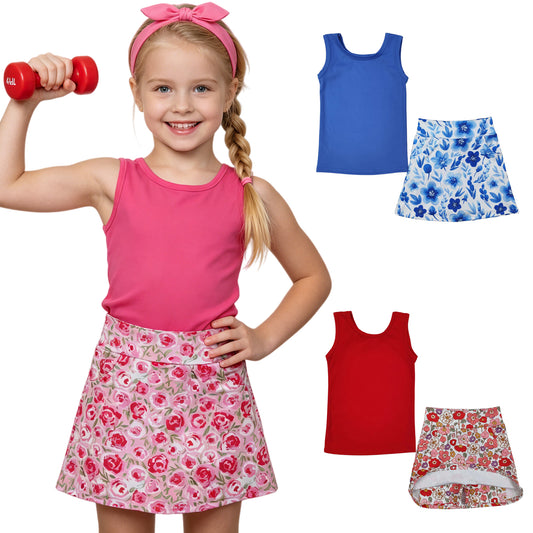 Sibling Baby Girls Vest Flowers Skirt Yoga Active Wear Clothes Sets
