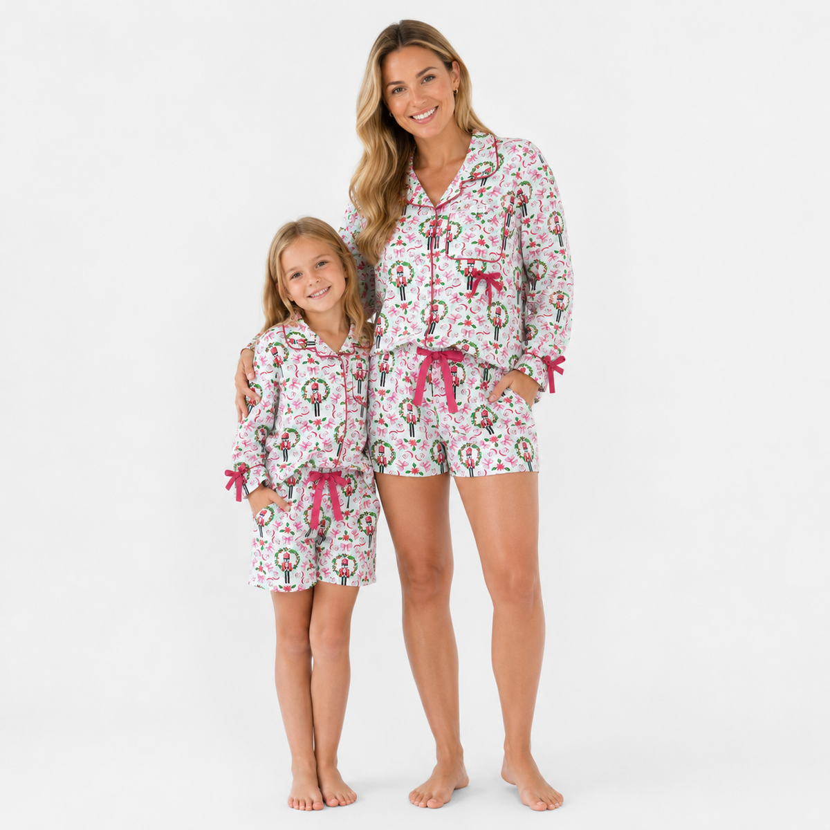 Mommy and Me Christmas Holly Long Sleeve Button Top Shorts Pajama Set with Bow