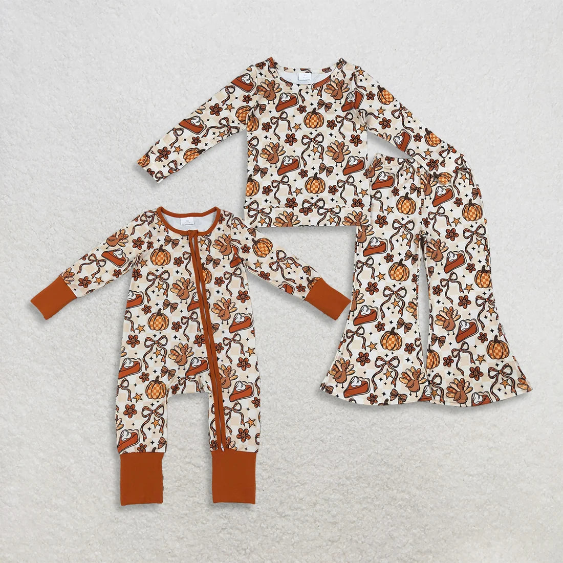 Sibling Baby Girls Thankgsgiving Turkey Pumpkin Outfit Romper
