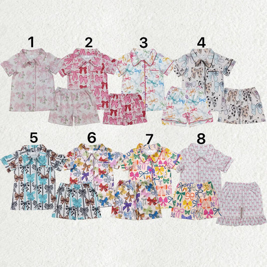 Sibling Baby Girls Colorful Bows Buttons Shirt Shorts Pajamas Outfit