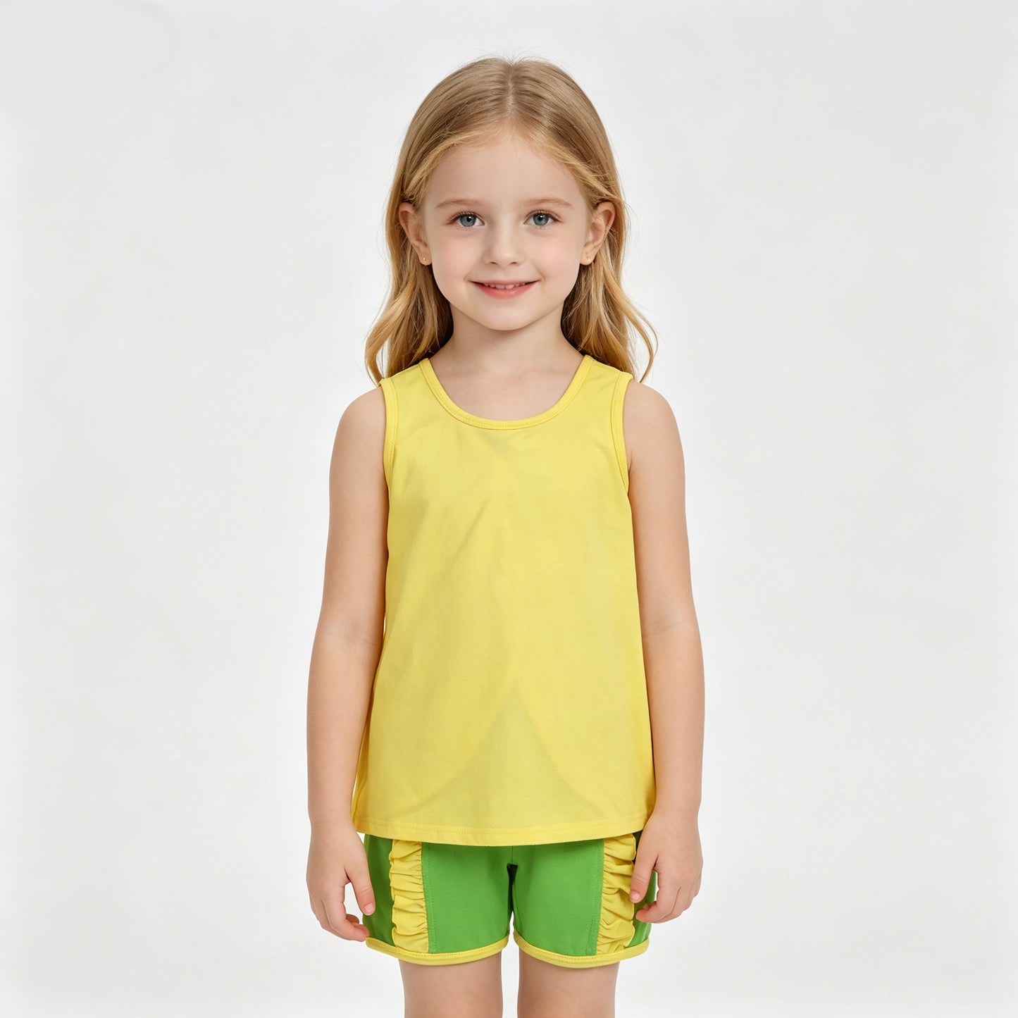 Toddler Girls Yellow Green Bow Back Tank Top Ruffle Shorts Set, Summer Sleeveless Outfit for Little Girls
