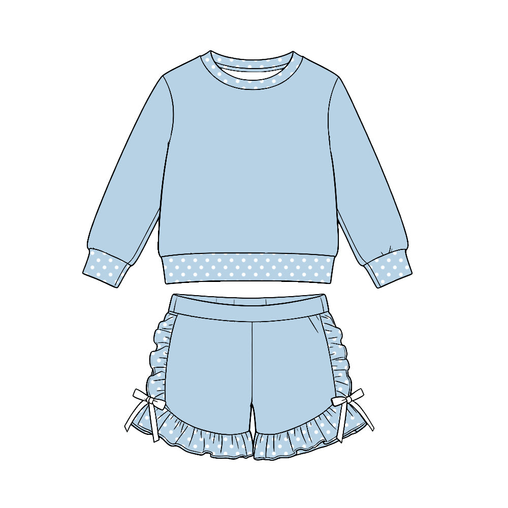 (Custom Design Preorder MOQ 5 Each)Girls Polka Dot Ruffle Hem Shorts Matching Long Sleeve Top Two Piece Set Sisters Wear