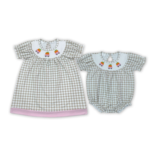 Sibling Baby Girls Embroidery  Pumpkin Truck Gingham Smocked Dress and Romper