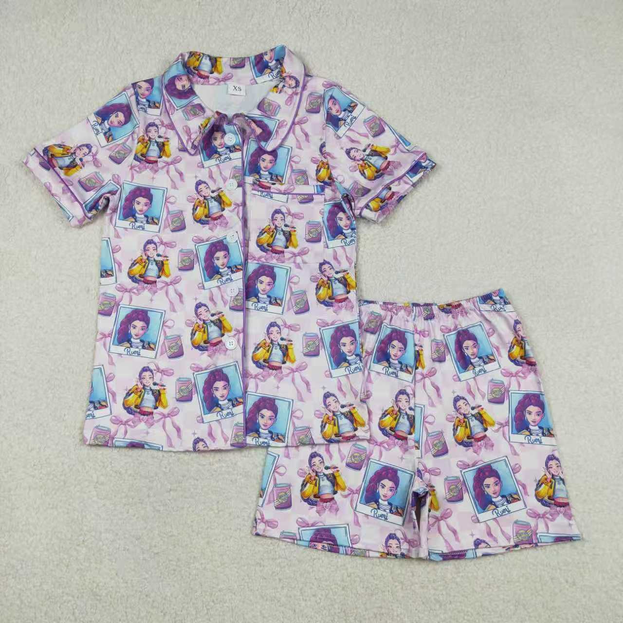 Sibling Baby Girls Demon Hunter Bows Button Shorts Pajamas Set Ruffle Knee Length Dresses