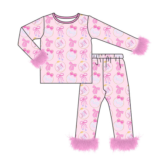 (Custom Design Preorder MOQ 5) JOY Bows Pink Print Girls Christmas Fur Pajamas Clothes Set