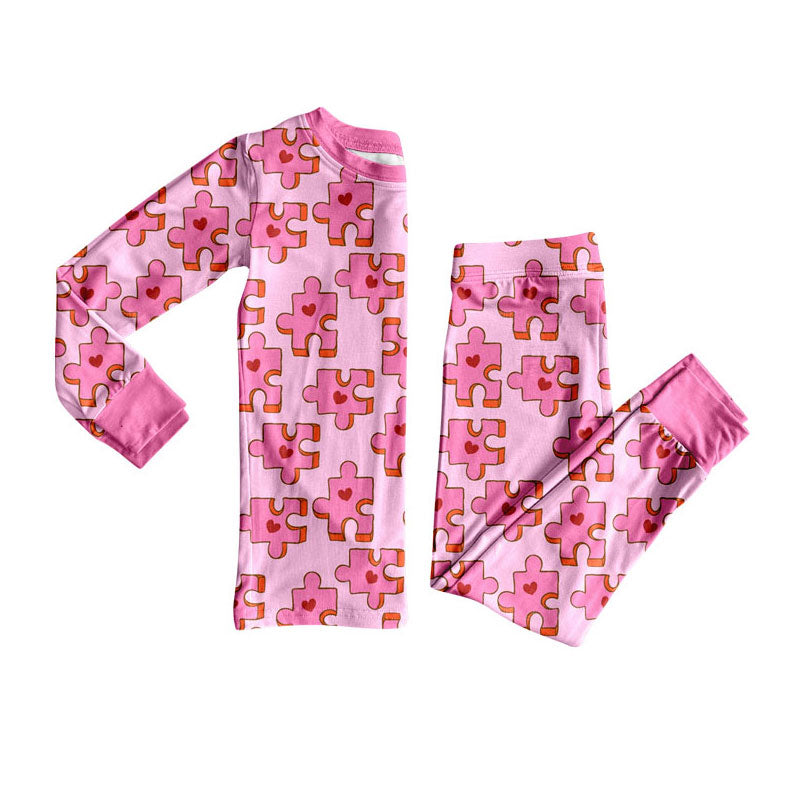 (Custom Design Preorder MOQ 5)  Pink Puzzle Heart Print Girls Valentine's Day Pajamas Clothes Set