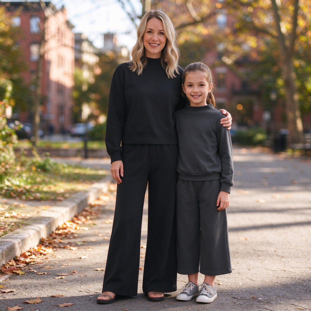 Mommy and Me  Black Solid Color Cotton Long Sleeve Top Pants Outfit